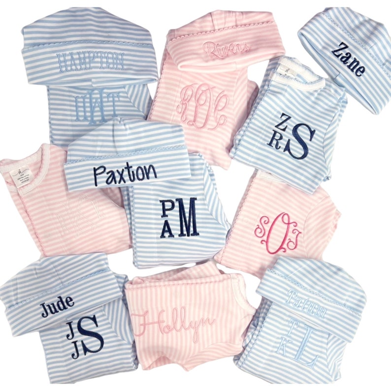 Baby girl coming home outfit, Monogrammed footie, Personalized Baby gift, Monogrammed sleeper, pima cotton, newborn pictures, pink stripes image 10