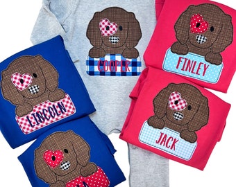Jungen Valentinstag Shirt, personalisierte Valentinstag Shirt, Monogramm Hund Herz Shirt, Valentinstag Outfit, gesticktes Urlaubshemd, BB