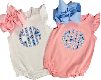 Baby girl bubble, monogrammed outfit, personalized toddler girl, summer outfit, sk creations, monogrammed bubble