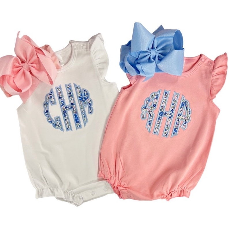 Baby girl bubble, monogrammed outfit, personalized toddler girl, summer outfit, sk creations, monogrammed bubble image 1