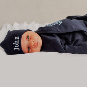 Baby boy coming home outfit, monogrammed coming home outfit, newborn coming home outfit, kimono set, pima cotton, sk creations, navy kimono image 2