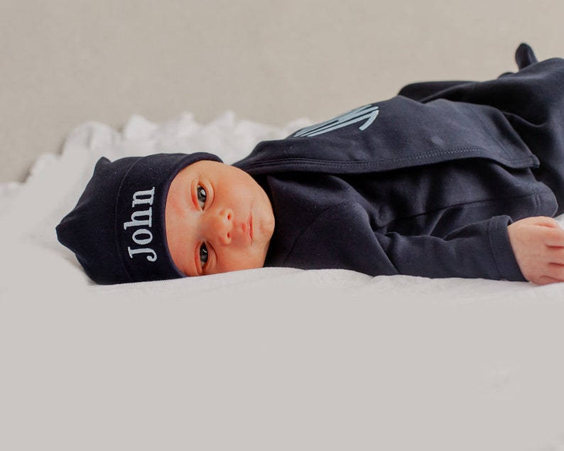 Baby boy coming home outfit, monogrammed coming home outfit, newborn coming home outfit, kimono set, pima cotton, sk creations, navy kimono image 2