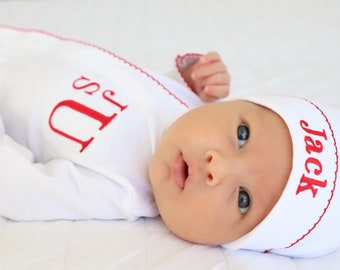 Unisex baby coming home outfit, red baby boy coming home outfit, baby girl coming home outfit, monogramed, pima cotton, footie and hat