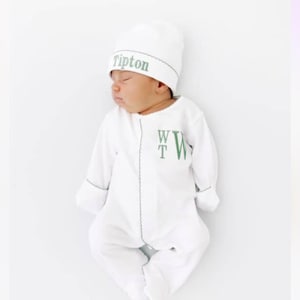 Baby boy coming home outfit, newborn, olive boys outfit, monogrammed footie, baby shower gift, pima cotton, newborn photos