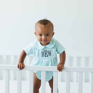 Monogrammed baby boy bubble, boy Easter outfit, personalized boys sunsuit, boys picture outfit, preppy baby boy clothing, shower gift, mint image 6