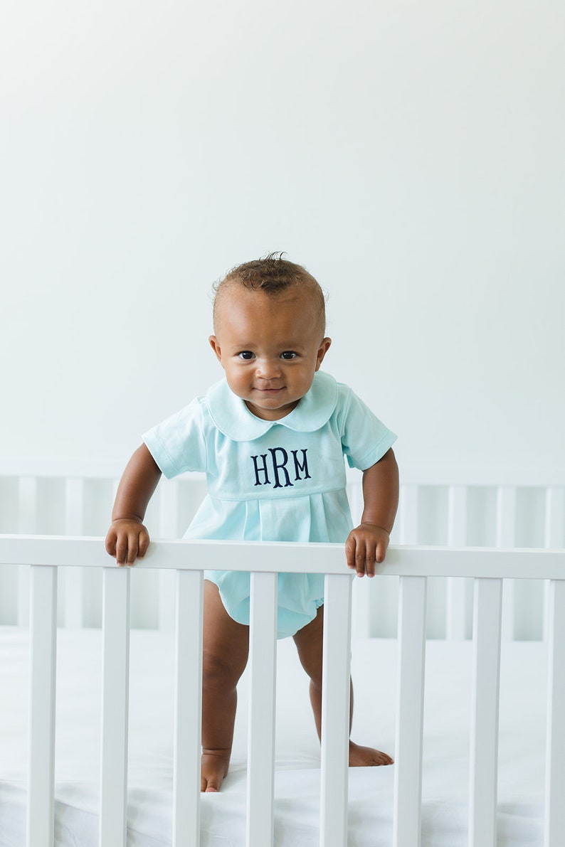 Monogrammed baby boy bubble, boy Easter outfit, personalized boys sunsuit, boys picture outfit, preppy baby boy clothing, shower gift, mint image 6