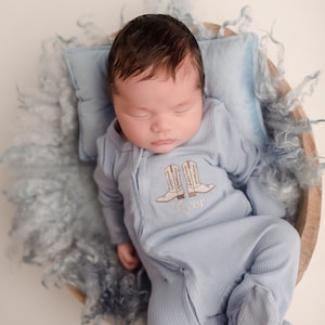 Baby Boy cowboy boots outfit with name, western coming home outfit, newborn outfit, cowboy baby shower gift, ribbed zip footie, embroidered