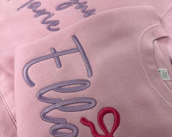 女の子用スウェットシャツ、女の子用リボンスウェットシャツ、幼児用スウェットシャツ、パフ刺繍、名前入りスウェットシャツ、女の子への誕生日プレゼント、女の子へのクリスマスプレゼント