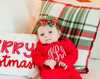 Baby girl Christmas outfit, Monogrammed Christmas gown with headband, newborn red and white outfit, baby Christmas pajamas