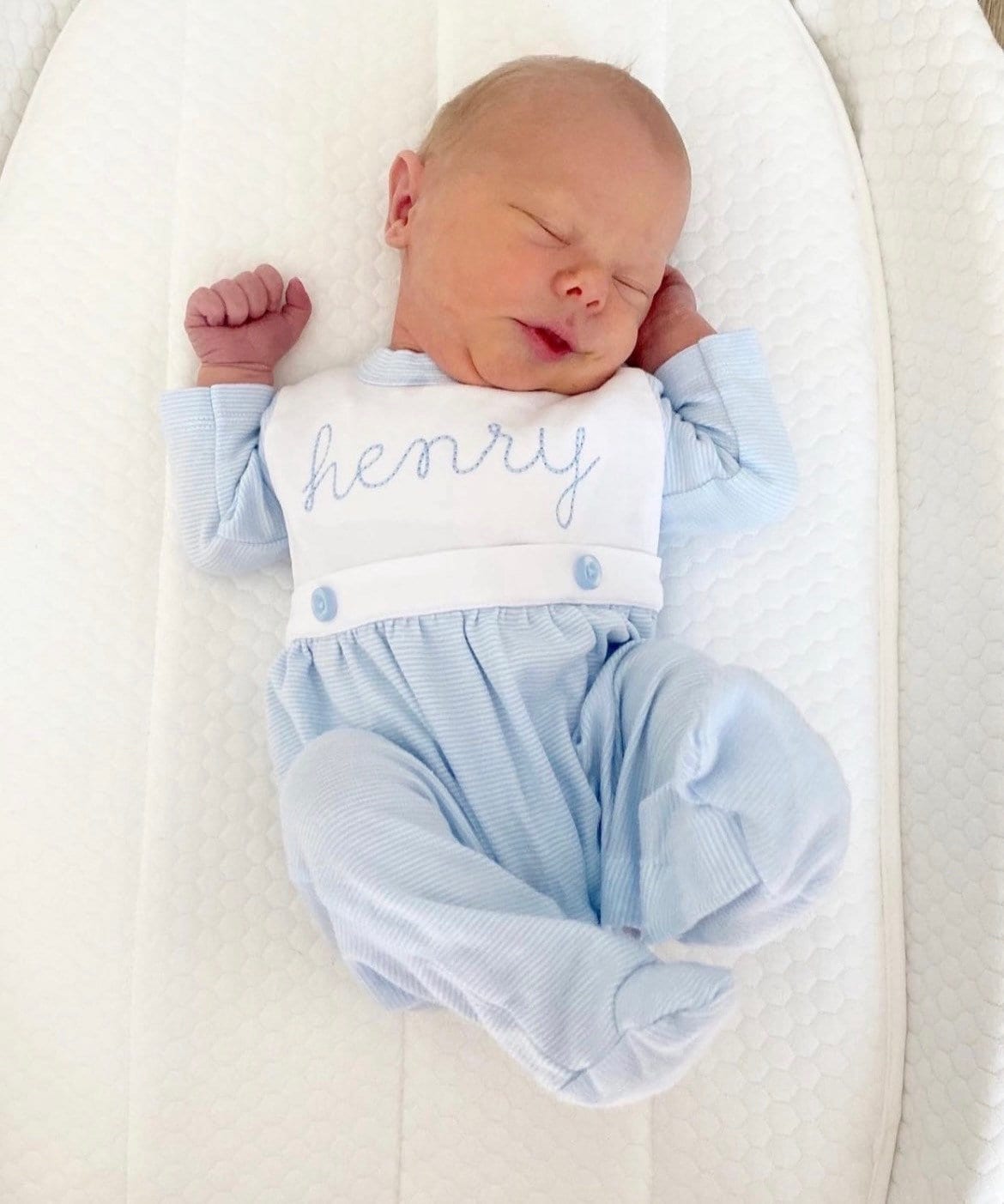 Baby boy coming home outfit, Monogrammed footie romper, Personalized Baby gift, sleeper, newborn pictures, blue tiny stripe bib front footie