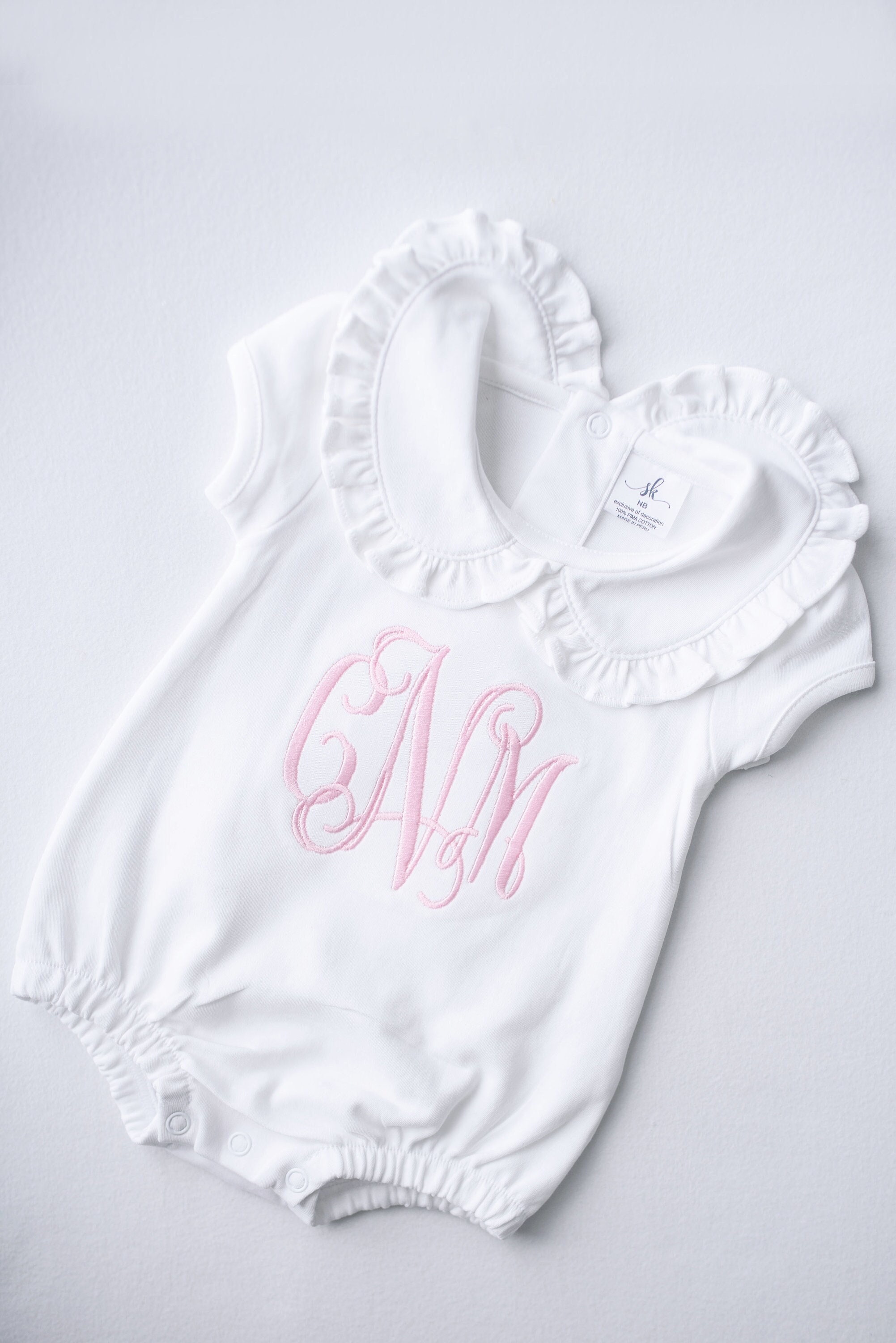 Monogrammed bubble, girls summer bubble, personalized, baby clothing, shower gift, ruffle collar, sk creations, pima cotton, baptism  outfit