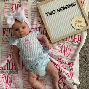 Baby girl outfit, monogrammed bloomer set, personalized baby shower gift, girls summer clothing, birthday gift, pima cotton, blue stripes image 5