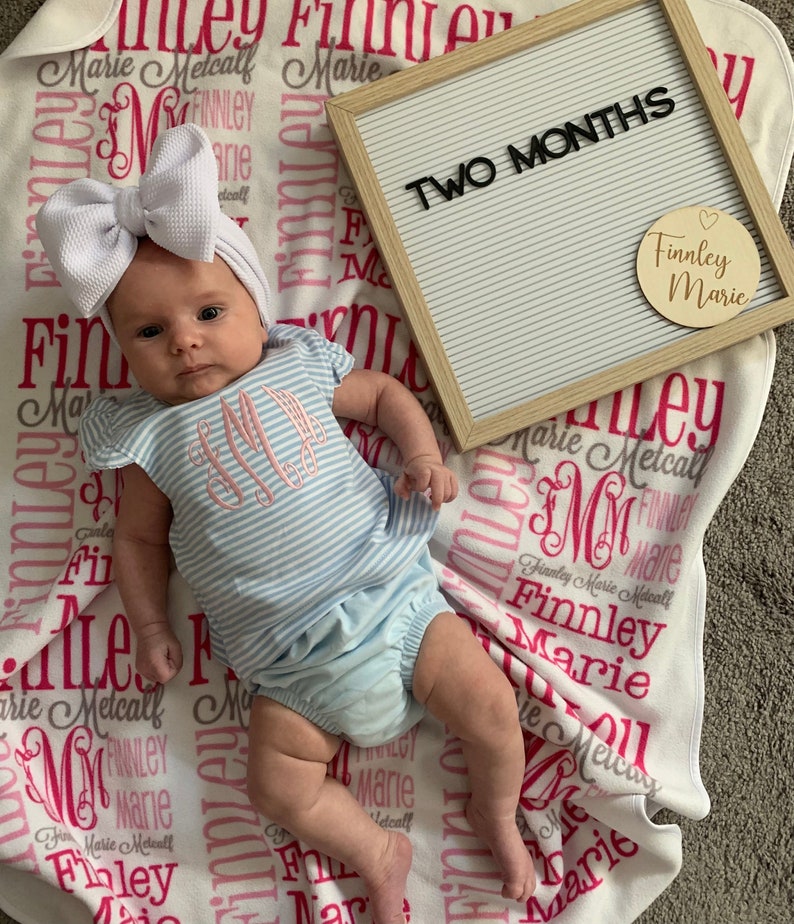 Baby girl outfit, monogrammed bloomer set, personalized baby shower gift, girls summer clothing, birthday gift, pima cotton, blue stripes image 5