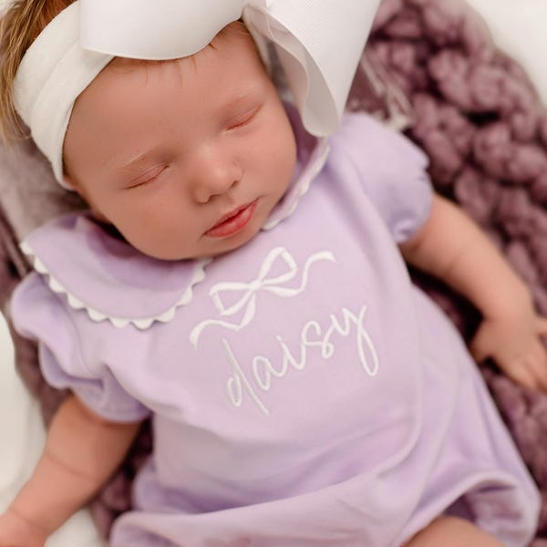 Monogrammed bubble, girls summer bubble, personalized, baby clothing, baby shower gift, ruffle collar, sk creations,shortsleeve