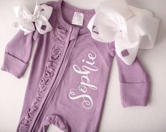 Monogrammed Ruffled Ribbed Zip Footie, Baby Girl Coming Home Outfit
