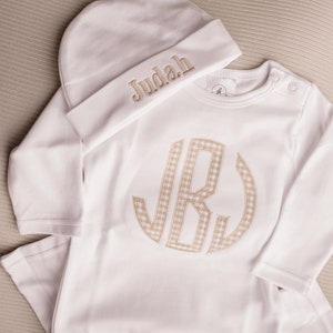 Baby boy hospital outfit, coming home outfit, monogrammed, sk creations, tan