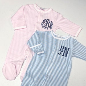 Baby girl coming home outfit, Monogrammed footie, Personalized Baby gift, Monogrammed sleeper, pima cotton, newborn pictures, pink stripes image 6