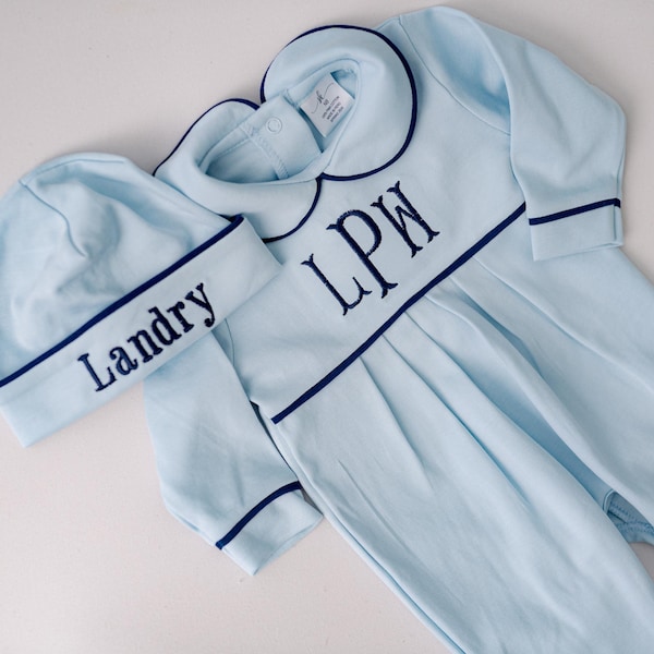 Baby boy coming home outfit, monogrammed boy romper, sk creations, pima cotton