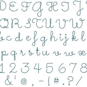 May include: A handwritten font alphabet in cursive script, including uppercase and lowercase letters, numbers, and punctuation marks. The font is a dark blue color on a white background.