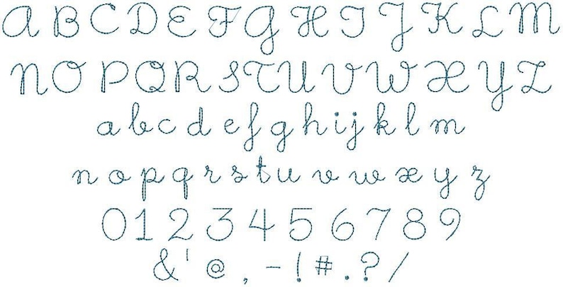 May include: A handwritten font alphabet in cursive script, including uppercase and lowercase letters, numbers, and punctuation marks. The font is a dark blue color on a white background.