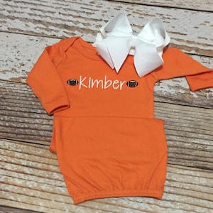 Personalized football gown, boy or girl coming home outfit, Tennessee vols, orange and white