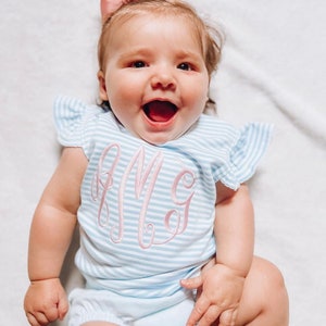 Baby girl outfit, monogrammed bloomer set, personalized baby shower gift, girls summer clothing, birthday gift, pima cotton, blue stripes image 9