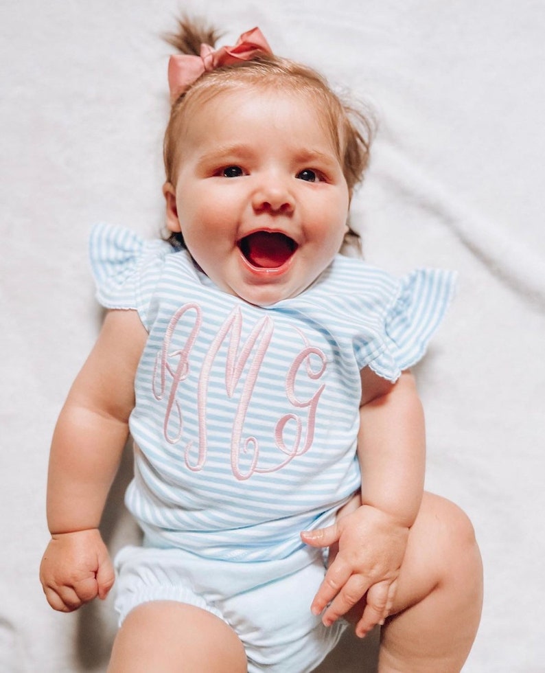 Baby girl outfit, monogrammed bloomer set, personalized baby shower gift, girls summer clothing, birthday gift, pima cotton, blue stripes image 9