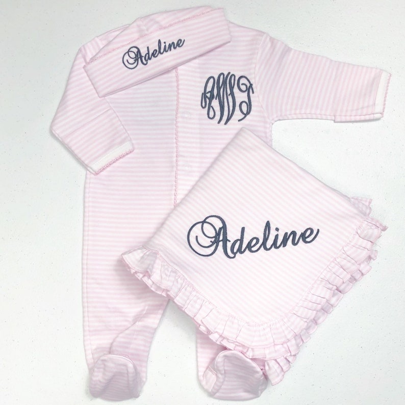 Baby girl coming home outfit, Monogrammed footie, Personalized Baby gift, Monogrammed sleeper, pima cotton, newborn pictures, pink stripes image 7