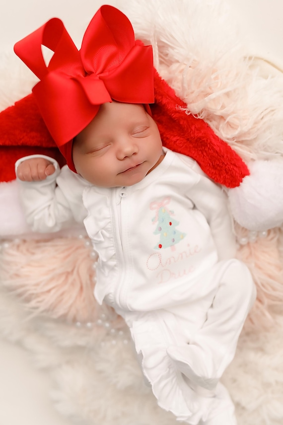 Baby girl Christmas outfit, Newborn Christmas outfit, zip footie, cross stitch design