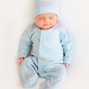 Baby boy coming home outfit, Newborn boy outfit, personalized coming home outfit, monogrammed footie, pima cotton, sk creations
