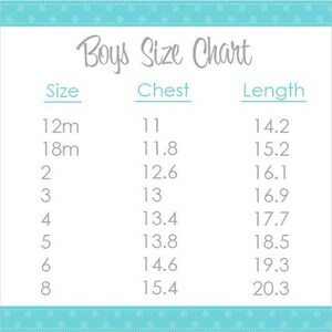 May include: Boys' size chart with measurements for chest and length in inches. Sizes range from 12 months to 8 years.