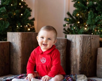 Baby boy Christmas outfit, monogrammed Christmas bubble, photo outfit, long sleeve bubble, pima cotton, baby boy collar outfit, red pleated