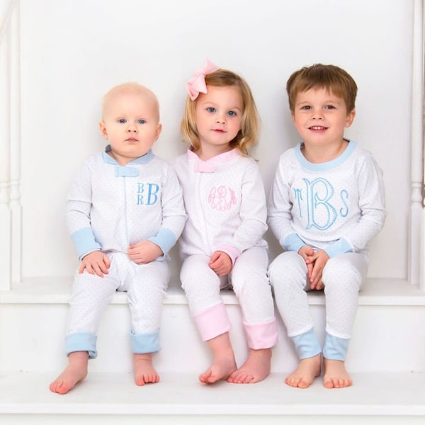 Monogrammed Pajamas, girls personalize pajamas, boys monogram pajamas, pima cotton sibling pajamas, sk creations, pink dot, blue dot