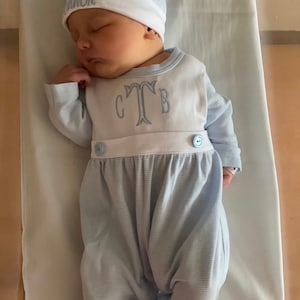 Baby boy coming home outfit, Monogrammed footie romper, Personalized Baby gift, sleeper, newborn pictures, blue tiny stripe bib front footie image 4