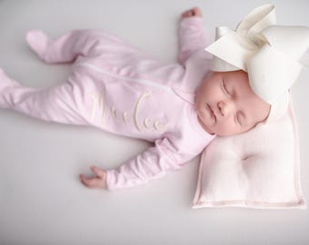 Baby girl coming home outfit, personalized baby girl footie, monogrammed baby girl, baby shower gift, preemie, newborn, zip footie, baby