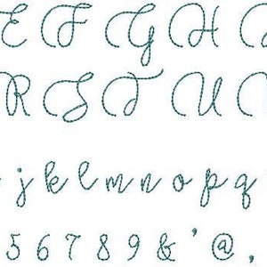 May include: A cursive font alphabet with uppercase and lowercase letters, numbers, and punctuation marks. The font is a light blue color.