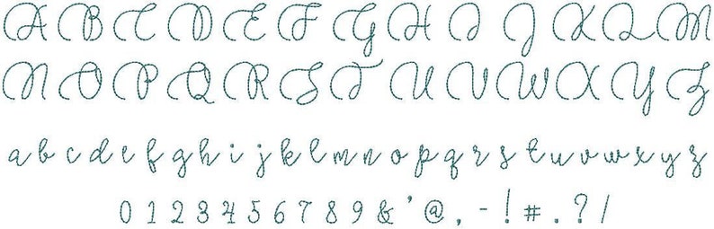 May include: A cursive font alphabet with uppercase and lowercase letters, numbers, and punctuation marks. The font is a light blue color.