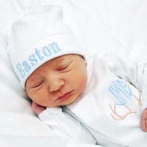 Baby boy coming home outfit, antler monogram, monogrammed footie, personalized take me home set, monogram, cap, converter gown, baby shower