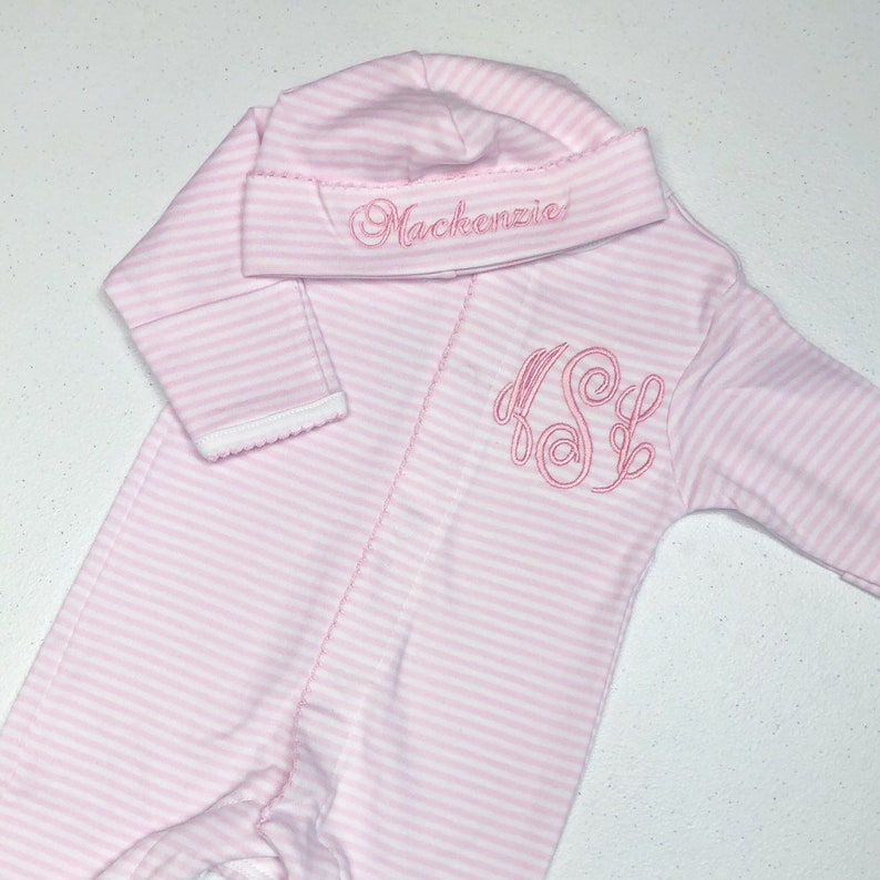 Baby girl coming home outfit, Monogrammed footie, Personalized Baby gift, Monogrammed sleeper, pima cotton, newborn pictures, pink stripes image 5