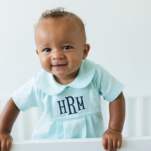 Monogrammed baby boy bubble, boy Easter outfit, personalized boys sunsuit, boys picture outfit, preppy baby boy clothing, shower gift, mint image 5