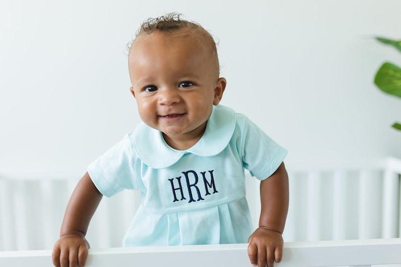 Monogrammed baby boy bubble, boy Easter outfit, personalized boys sunsuit, boys picture outfit, preppy baby boy clothing, shower gift, mint image 5