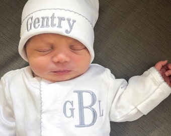 Baby boy coming home outfit, size newborn or 0-3 month, monogram footie, baby shower gift, pima cotton, newborn photos, gray and white