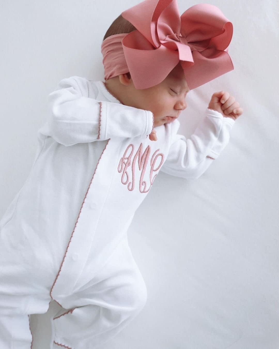Baby girl coming home outfit, Monogrammed footie, Personalized Baby gift, Monogrammed sleeper, pima cotton, pictures, shower gift, mauve
