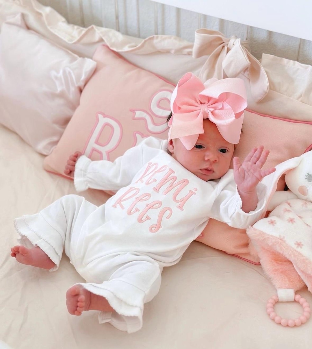 Baby Girl Coming Home Outfit, Monogrammed Ruffle Romper, Pima