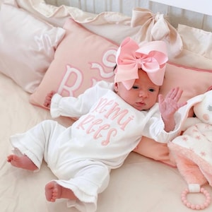 Baby girl coming home outfit, monogrammed ruffle romper, pima cotton, sk creations, Preemie, Newborn