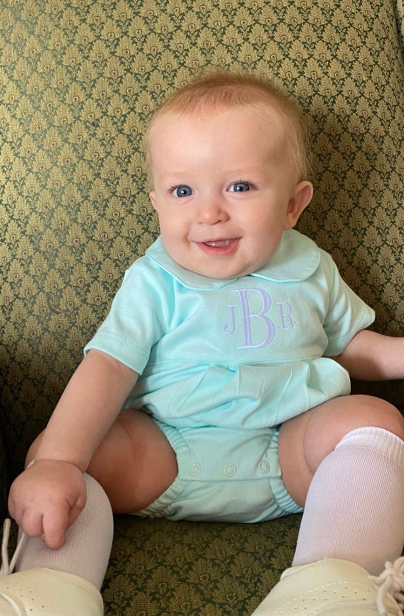 Monogrammed baby boy bubble, boy Easter outfit, personalized boys sunsuit, boys picture outfit, preppy baby boy clothing, shower gift, mint image 8
