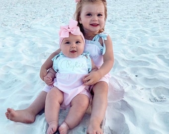 Girls dress, monogrammed summer outfit, beach photos, matching sibling set, personalized dress, pima cotton, sk creations