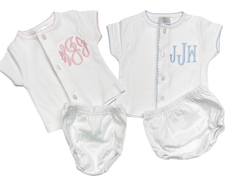 Baby girl coming home outfit, baby boy monogrammed bloomer set, newborn coming home outfit, girls summer outfit, pima cotton, sk creations image 2