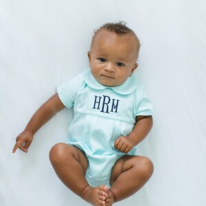 Monogrammed baby boy bubble, boy Easter outfit, personalized boys sunsuit, boys picture outfit, preppy baby boy clothing, shower gift, mint image 7