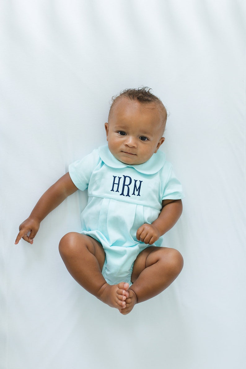 Monogrammed baby boy bubble, boy Easter outfit, personalized boys sunsuit, boys picture outfit, preppy baby boy clothing, shower gift, mint image 7
